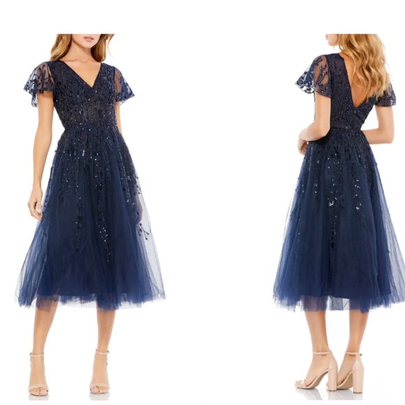 MAC DUGGAL V-NECK BEADED TULLE MIDNIGHT NAVY  FIT & FLARE DRESS sz 8 - Picture 3 of 3